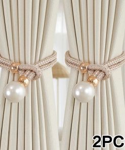 2pcs Pearl Curtain Tiebacks Curtain Pearl Tiebacks Decorative Fixings Rope Curtain Tiebacks No Punch Adjustable Pull-outs beige