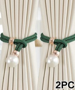 2pcs Pearl Curtain Tiebacks Curtain Pearl Tiebacks Decorative Fixings Rope Curtain Tiebacks No Punch Adjustable Pull-outs blackish green