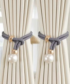 2pcs Pearl Curtain Tiebacks Curtain Pearl Tiebacks Decorative Fixings Rope Curtain Tiebacks No Punch Adjustable Pull-outs dark grey