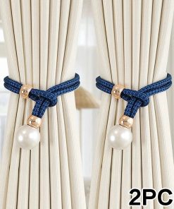 2pcs Pearl Curtain Tiebacks Curtain Pearl Tiebacks Decorative Fixings Rope Curtain Tiebacks No Punch Adjustable Pull-outs Gemstone Blue