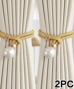 2pcs Pearl Curtain Tiebacks Curtain Pearl Tiebacks Decorative Fixings Rope Curtain Tiebacks No Punch Adjustable Pull-outs golden