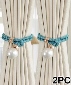 2pcs Pearl Curtain Tiebacks Curtain Pearl Tiebacks Decorative Fixings Rope Curtain Tiebacks No Punch Adjustable Pull-outs peacock blue