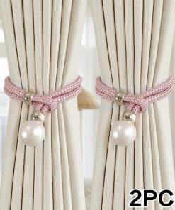 2pcs Pearl Curtain Tiebacks Curtain Pearl Tiebacks Decorative Fixings Rope Curtain Tiebacks No Punch Adjustable Pull-outs pink