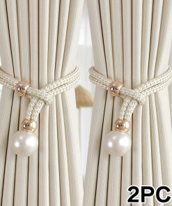 2pcs Pearl Curtain Tiebacks Curtain Pearl Tiebacks Decorative Fixings Rope Curtain Tiebacks No Punch Adjustable Pull-outs white